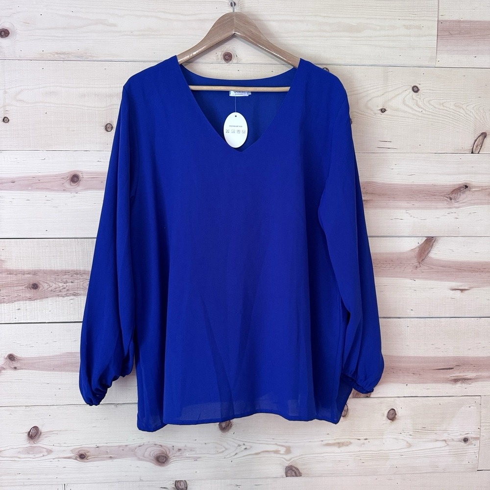 Qearal Women's XXL Royal Blue V Neck Long Sleeve Chiffon Blouse NWT